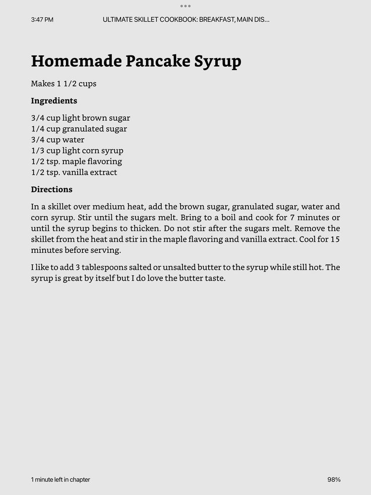 the recipe for homemade pancake syrup is shown in black and white, as well as instructions