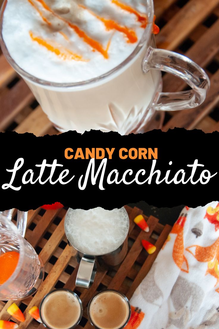 candy corn latte macchiatass on a wooden table