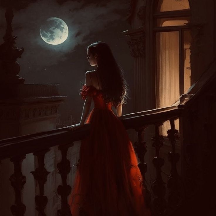 a woman in a red dress standing on a balcony looking out at the night sky