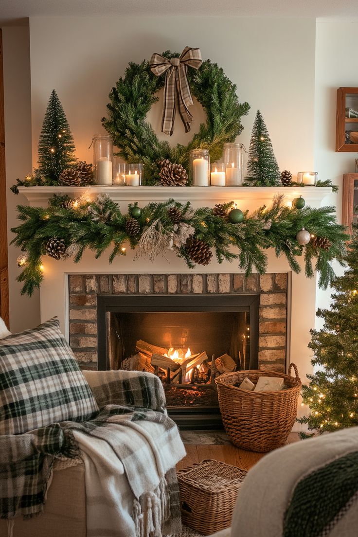 a living room decorated for christmas with candles and wreaths on the fireplace mantel