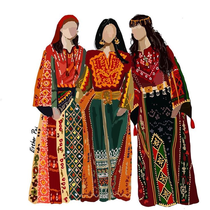 three women dressed in colorful clothing standing next to each other on a white background with words written below