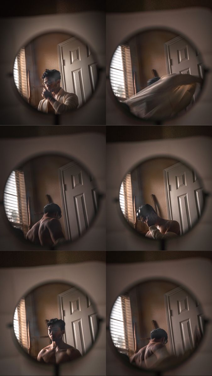 multiple shots of a man taking a selfie in the mirror