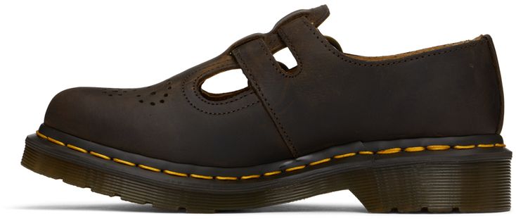 Heavyweight oiled leather Mary Jane-style oxfords in brown. · Perforated detailing at toe · Pin-buckle straps at vamp · Yellow topstitching at heat-sealed Goodyear welt · Treaded Air Cushion rubber sole Supplier color: Dark brown crazy horse Brown Goodyear Welted Monk Strap Shoes With Round Toe, Brown Bridle Leather Oxfords With Rubber Sole, Brown Closed Toe Monk Strap Shoes With Stitched Sole, Classic Brown Monk Strap Shoes With Rubber Sole, Brown Closed Toe Oxfords With Leather Lining, Vintage Brown Leather Oxfords With Leather Sole, Vintage Low-top Oxfords For Workwear, Brown Monk Strap Shoes With Leather Footbed, Brown Oxfords With Leather Lining