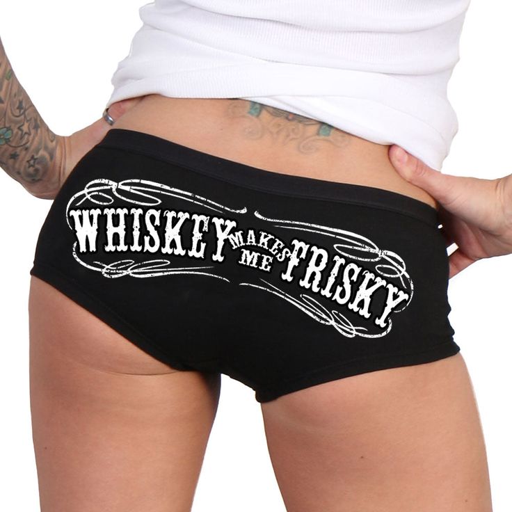 **Please note that all boy shorts are a final sale, returns or exchanges cannot be accepted on these products** • 90/10 Cotton/Spandex Blend • Screen printed on back side • Proudly Printed In The USA These comfortable boy shorts in the color black features a banner with text reading "Whiskey Makes Me Frisky". **Please note that all boy shorts are a final sale, returns or exchanges cannot be accepted on these products** Banner With Text, The Color Black, Black Features, Boy Shorts, Cotton Spandex, Whiskey, Final Sale, Black Color, Screen Printing