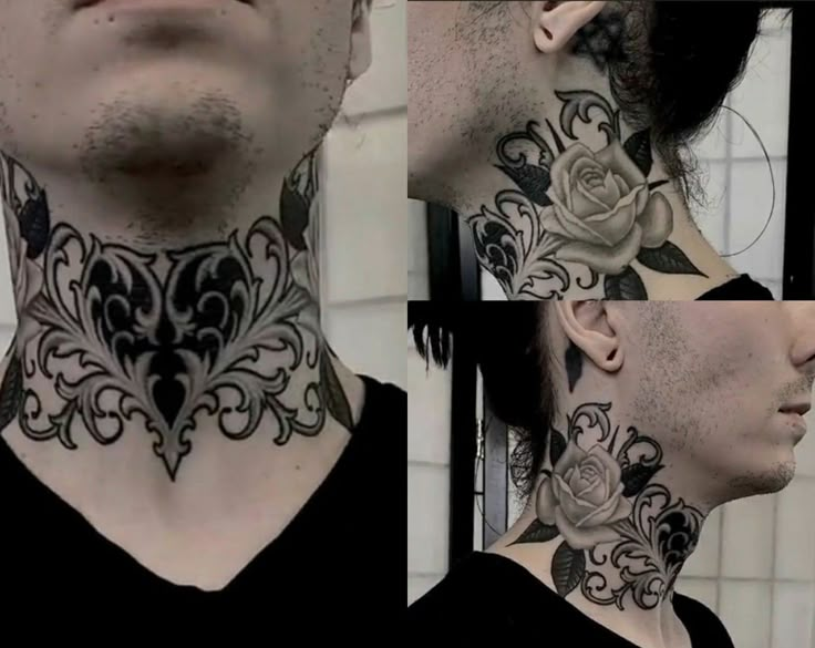 a man with tattoos on his neck and neck is shown in three different angles, including the