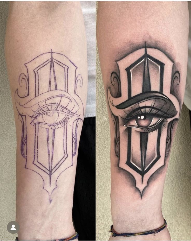 two tattoos on both legs with an eye in the middle and another tattoo on the other leg