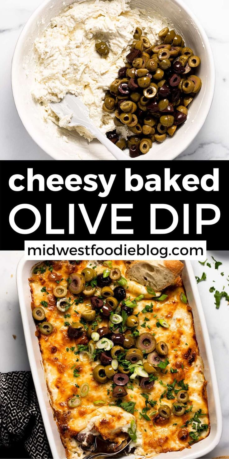 an image of cheesey baked olive dip in a casserole dish with the title above it