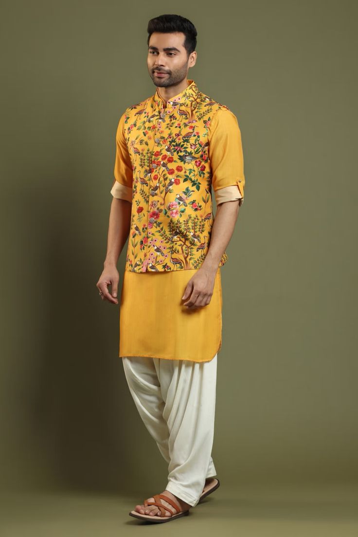 Buy Kora By Nilesh Mitesh Yellow Silk Blend Printed Bundi And Kurta Set Online | Aza Fashions Haldi Ceremony Outfit For Men, Indo Western Dress For Men, India Fashion Men, Haldi Ceremony Outfit, Haldi Dress, Haldi Outfits, Haldi Outfit, Red Kurta, Kurta Men