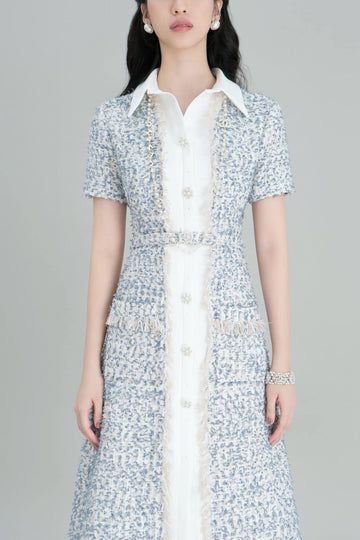 Yuki A-line Short Sleeved Tweed Midi Dress | MEAN BLVD Tweed Midi Dress, Crossover Dress, A Line Shorts, Fringe Skirt, Designer Pieces, Silk Midi Dress, Sleeves Dress, Tweed Dress, Mass Production