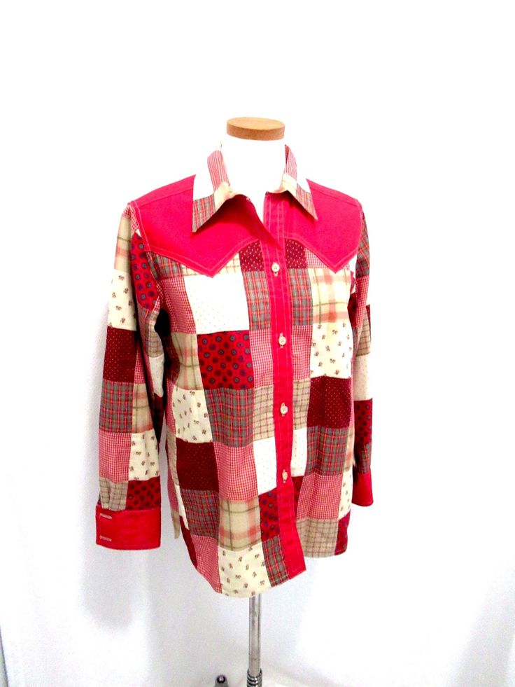 Vintage western style patchwork blouse/jacket. Debby Spence, personal patchwork. red with multi  pattern patchwork squares size 16 chest 40 inches Length from back of neck to bottom.27 inches Under arm to bottom 18 inches slit at side Fully lined 5 front buttons long sleeves with button cuffs Cotton machine wash I am happy to answer questions and combine shipping. All items are from a smoke free  pet free home. Western Patchwork, Blouse Western, Vintage Western Style, Patchwork Squares, Patchwork Blouse, Knitted Baby Cardigan, Patch Work Blouse, Patchwork Top, Patchwork Jacket