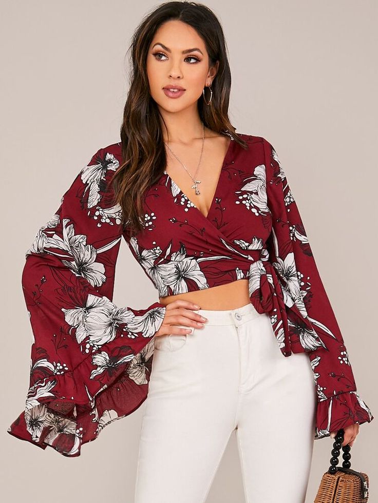 Crop Top Suit, Neck Bow Tie, Floral Wrap Top, Wrap Top Blouse, Fall Blouse, Neck Bow, Tie Crop Top, Crop Top Outfits, Floral Wraps