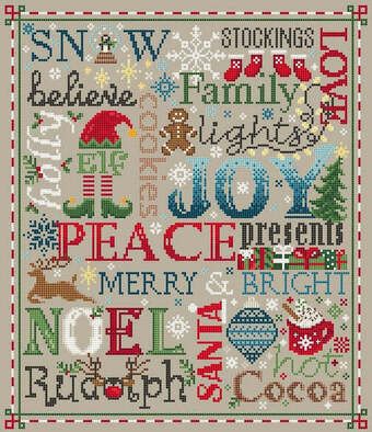 a cross stitch christmas sample with the words joy, peace and love on it's side