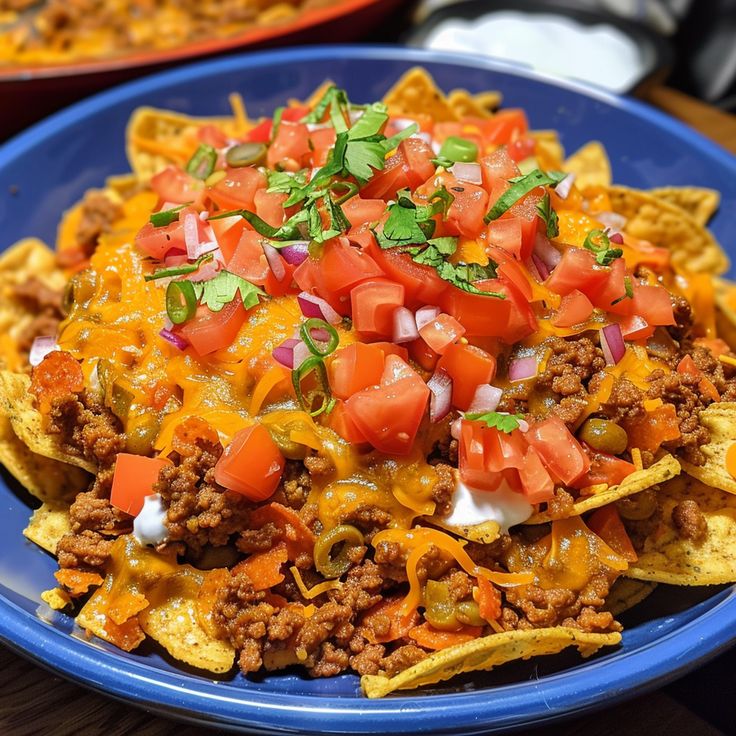 a blue plate topped with nachos covered in cheese and tomatoes