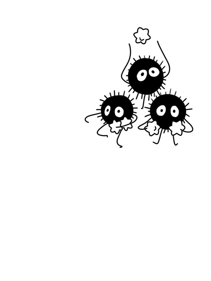 three black and white cartoon creatures with one looking at the camera while another looks up