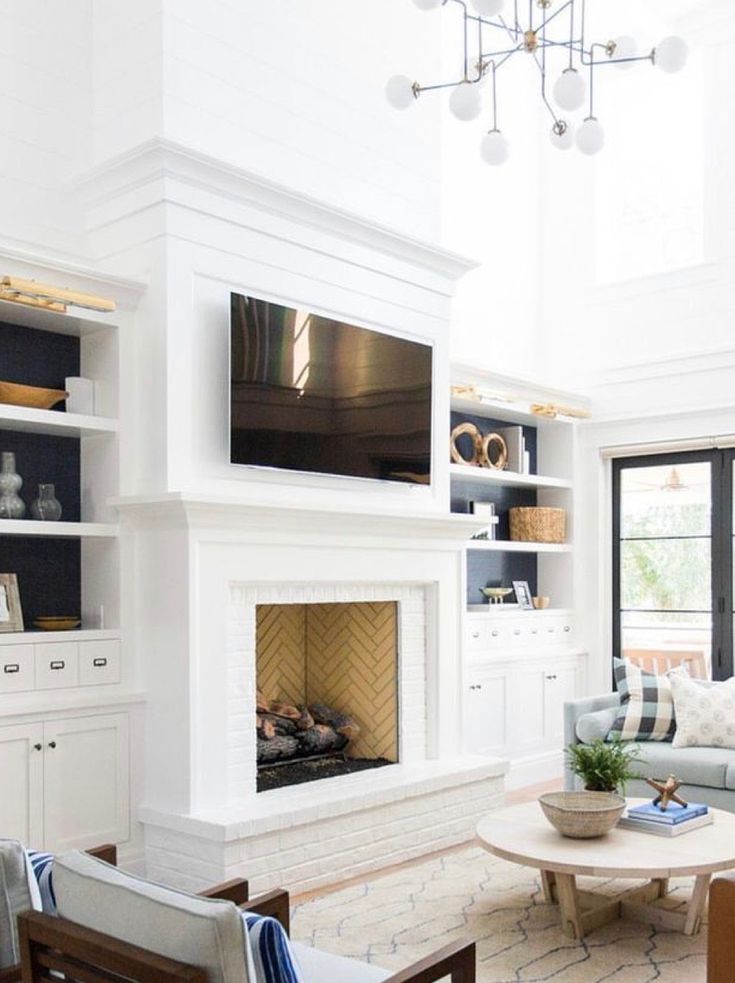 a living room filled with furniture and a flat screen tv mounted on the wall above a fire place