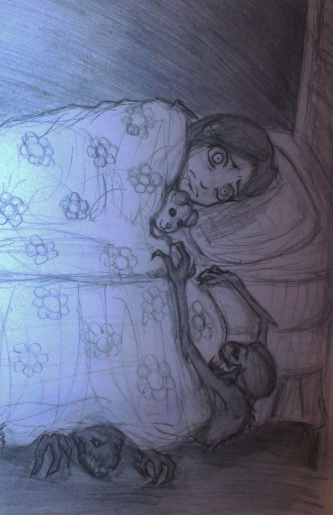 a drawing of a woman laying in bed