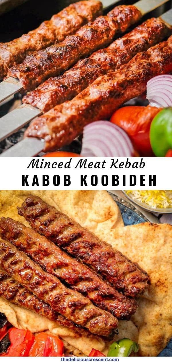 meat skewers and vegetables on the grill with text overlay that reads, minced meat kebab kabob