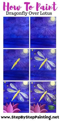 how to paint dragonfly over lotuss with step by step instructions