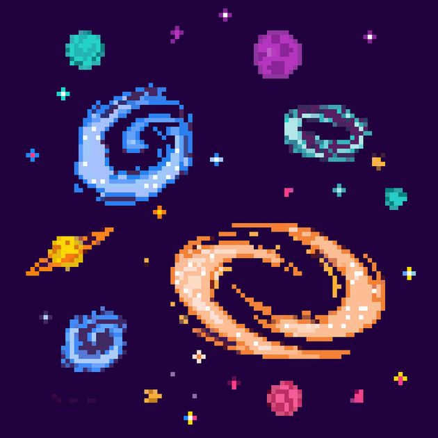 pixel art space scene with planets and stars in the sky, on a purple background