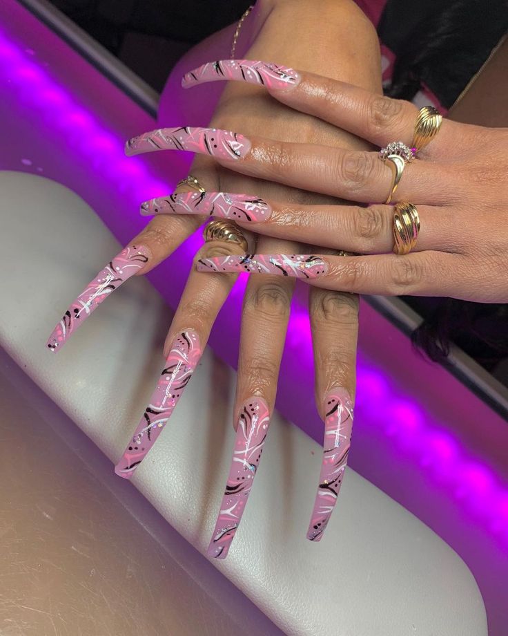 ♥ Nail Tech ♥ on Instagram: “LONG GHETTO SKRIPPAA NAILZ🎀🦄🤸🏽‍♀️😎🤪🖤💖🤪 whew the 90s! Book with Kash @aliyawrays !!!” African Nails, Ratchet Nails, 90s Nails, Curved Nails, 90s Party, Nail Stuff, Crazy Nails, Long Acrylic Nails Coffin, Exotic Nails