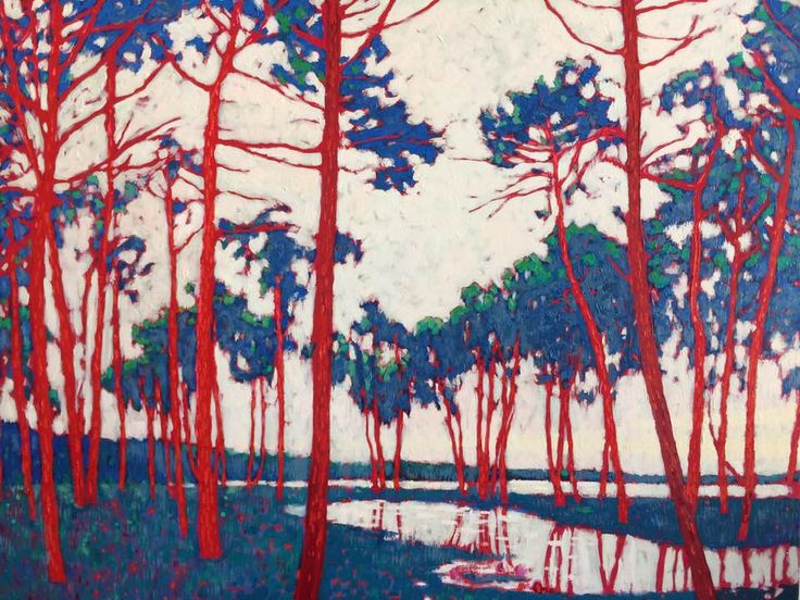 a painting of trees and water in the background