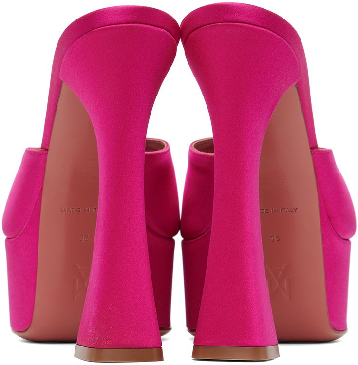 Satin heeled sandals in pink. · Open square toe · Logo-embossed leather footbed · Covered platform midsole · Covered modified stiletto heel with rubber injection · Leather sole · Platform: H1.5 in · Heel: H5 in Supplier color: Ruby Amina Muaddi, Satin Heels, Heeled Sandals, Stiletto Heel, Luxury Streetwear, Embossed Leather, Stiletto Heels, Sandals Heels, Ruby