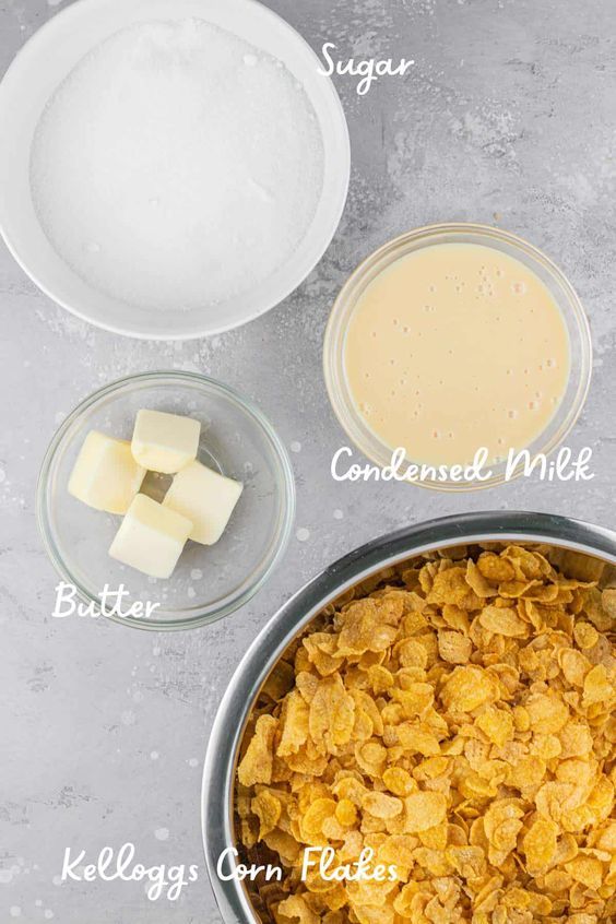 ingredients to make an oatmeal recipe including milk, butter, and sugar