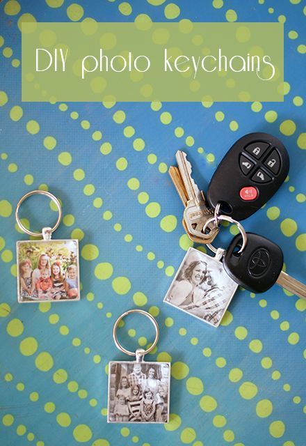 three keychains with pictures and two keys attached to them on a blue background