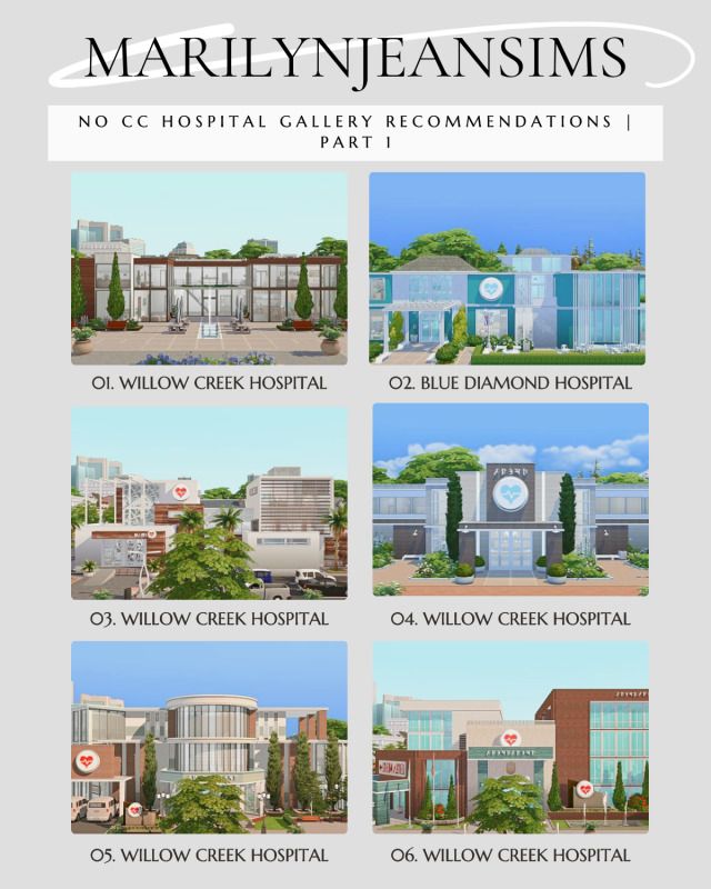 several different types of hospital buildings with names and pictures on the front, side, and back