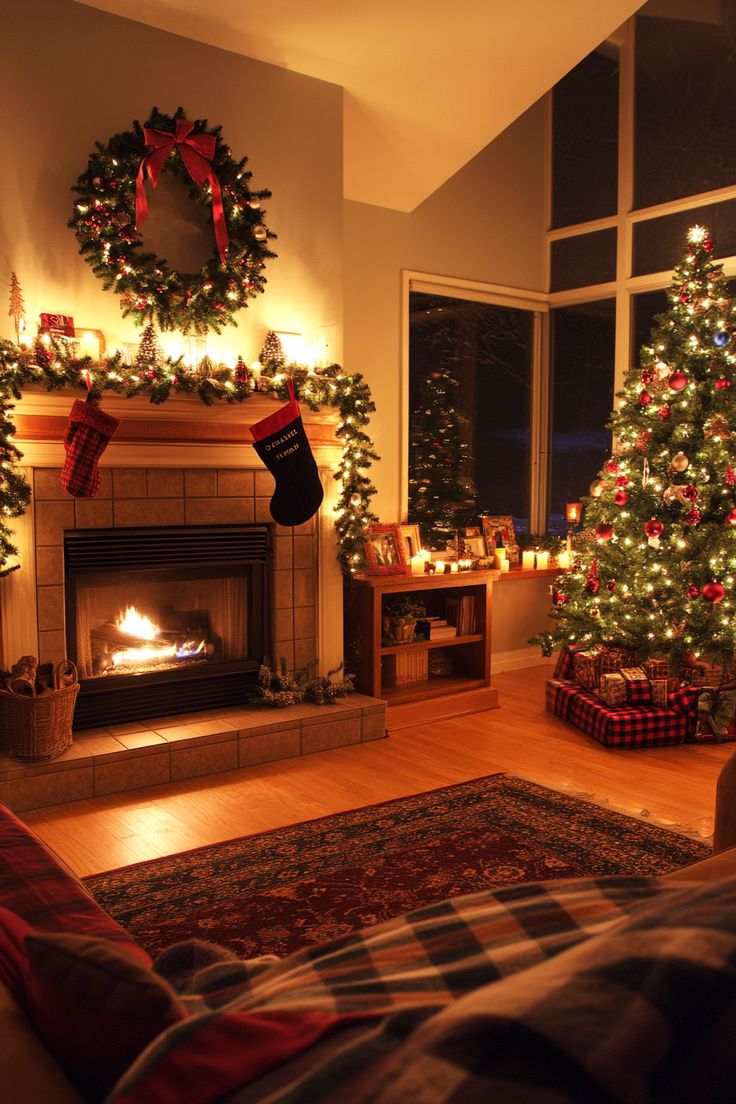 a living room decorated for christmas with presents and stockings on the fireplace mantels