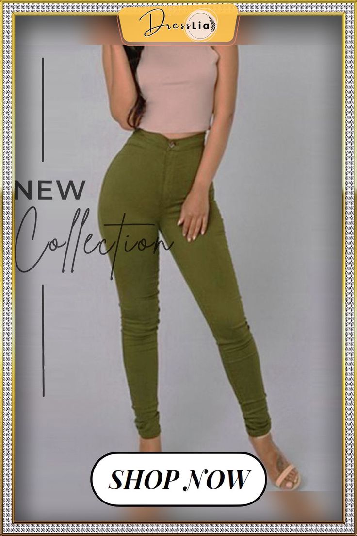 Solid Skinny Pencil Feet Pants Khaki Slim Fit High Waist Pants, Fitted High Waist Khaki Pants, Trendy Khaki High-waisted Jeans, Fitted Solid Jeans, Trendy Tight Straight Leg Pants, Fitted Khaki Long Pants, Tight Green Bottoms, High Rise Stretch Khaki Pants, Green High Rise Stretch Bottoms