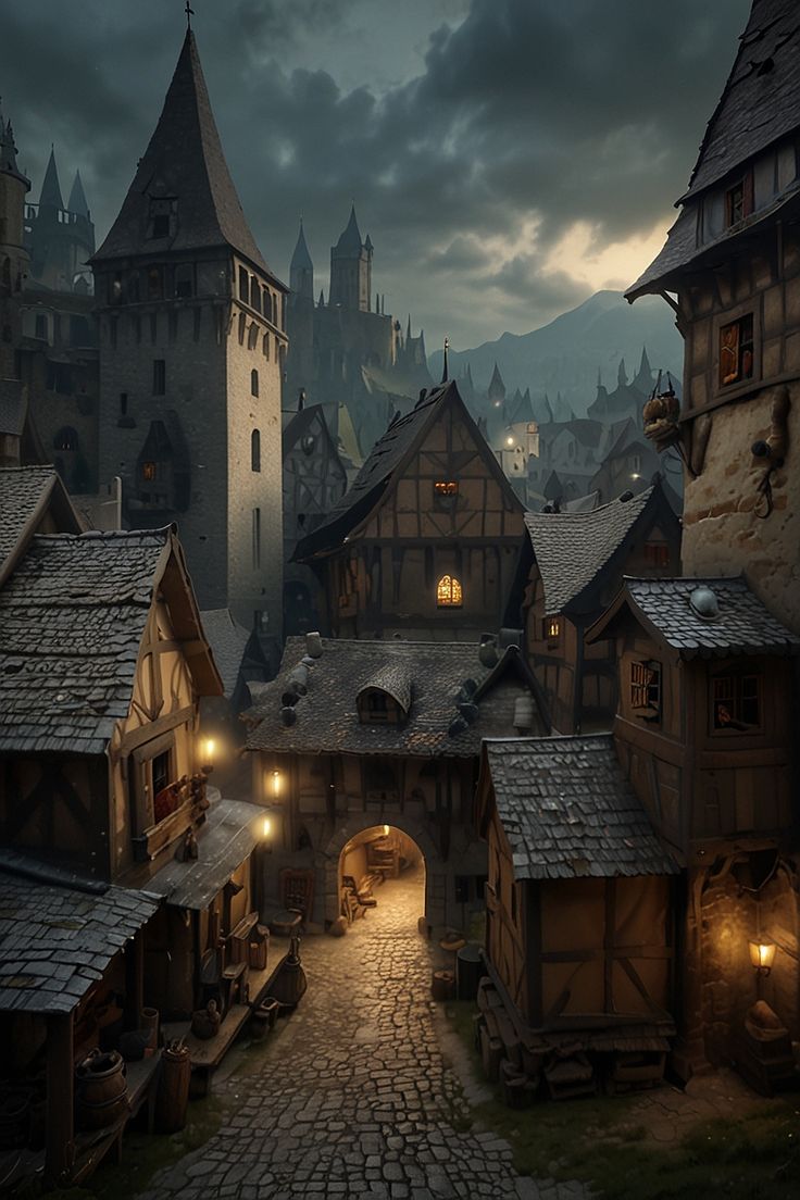 an image of a medieval town at night