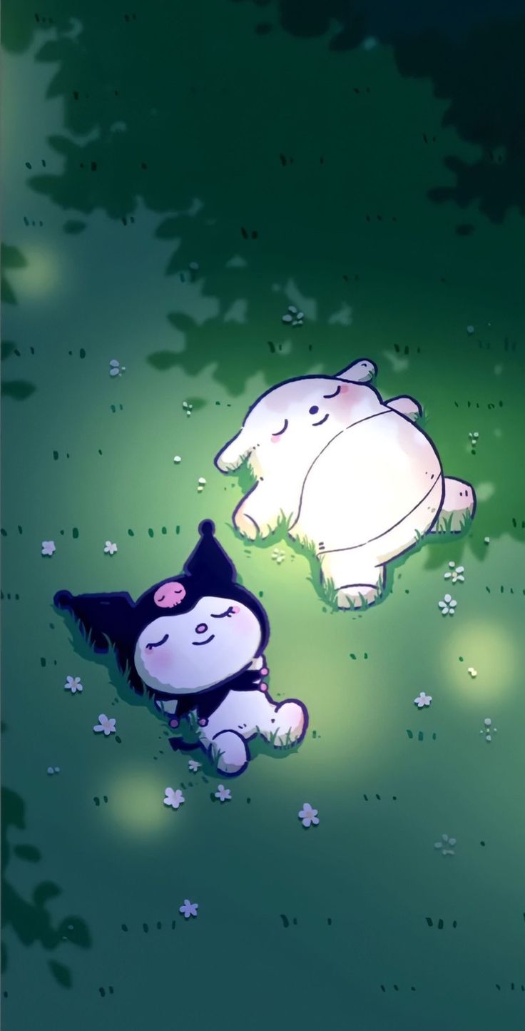 two cartoon animals laying on the ground next to each other with green grass and stars around them