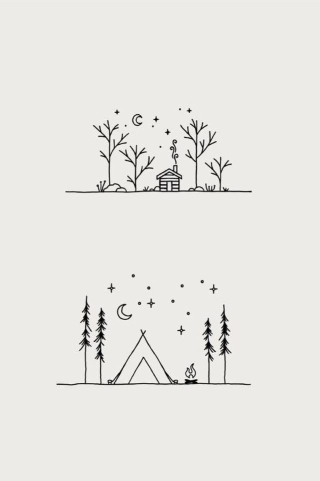 two black and white drawings of trees, a tent and a house