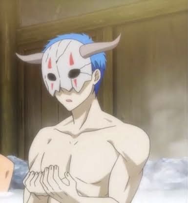 an anime character with blue hair and demon horns on his head, standing in the snow