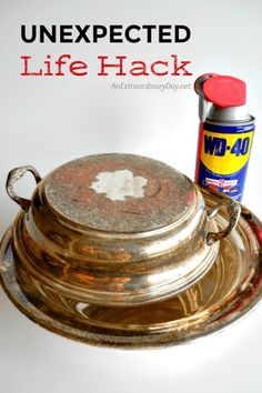 an old metal plate with a can of life hack on it and the words unexpected life hack