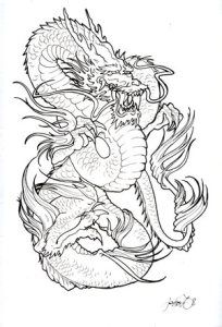 a black and white drawing of a dragon