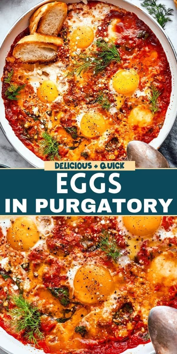 an egg dish in a pan with bread on the side and text overlay that reads, eggs in purgatory