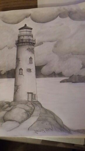 a drawing of a lighthouse in the ocean