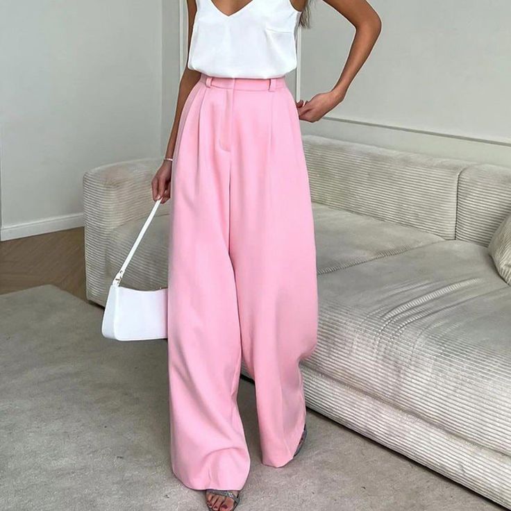 Summer French Pink Casual Mopping Pants: Stylish, slimming, and comfortable wide-leg trousers for women. High waist design and all-match versatility make it a standout choice. Moms Jeans, Pink Wide Leg Pants, Closet Upgrade, French Pink, Casual Chic Outfits, Summer Elegant, Leg Work, Long Trousers, Pink Pants