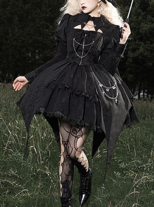 Dark Night Law Girl High Waist Silver Chain Sharp Corners Lapel Gothic Lolita Puff Long Sleeve Dress OP Bloodborne Outfits Female, Goth Outfits Female, Goth Subgenres, Gothic Punk Outfits, Vampire Dress Aesthetic, Misa Aname, Goth Lolitas, Goth Clothing Aesthetic, Genshin Clothes