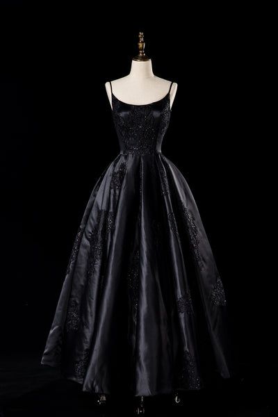 The Amoret :: Sexy Satin Spaghetti Strap Boho Black Wedding Gown – Broke Bride Dresses Black Princess Dress Ball Gowns Lace, Ball Dresses Corset, Black Sleeveless Gown, Black Dress With Beading, Beautiful Black Gown, Black Ballgown Prom Dress, Sleeveless Corset Dress, Haunted Ball Dress, Black Satin Ball Gown