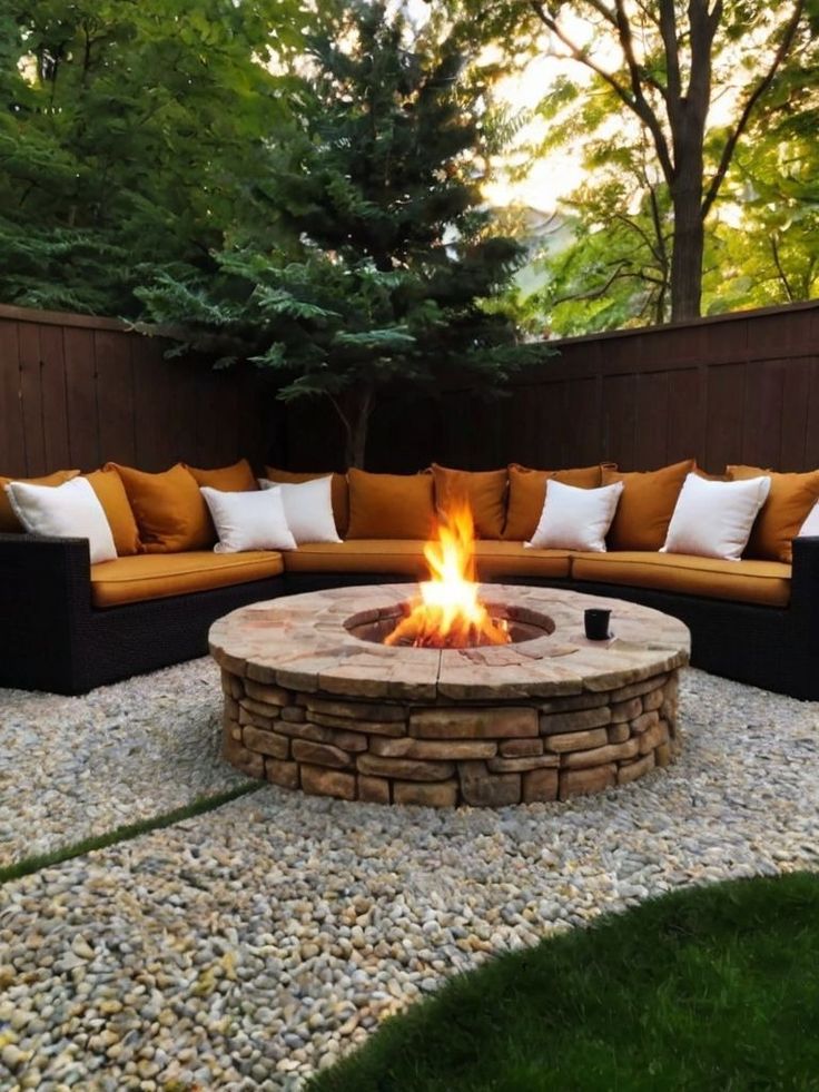 an outdoor fire pit surrounded by rocks and gravel with pillows on it's sides