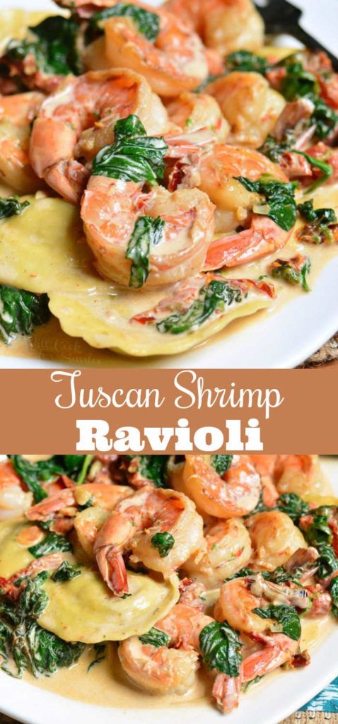 two plates with shrimp, spinach and ravioli on them