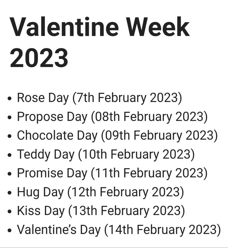 the valentine week schedule is shown in black and white