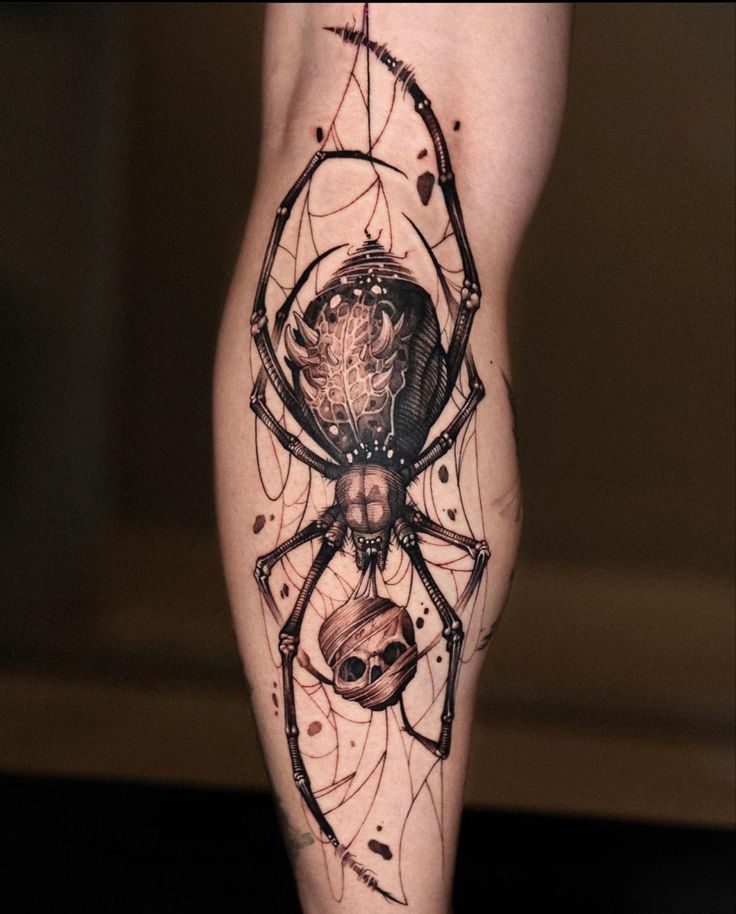 an artistic tattoo on the leg of a person with a spider and skull in it