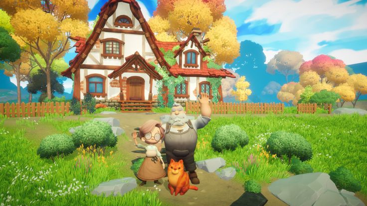 an animated house with two cats and a dog in the front yard, surrounded by trees