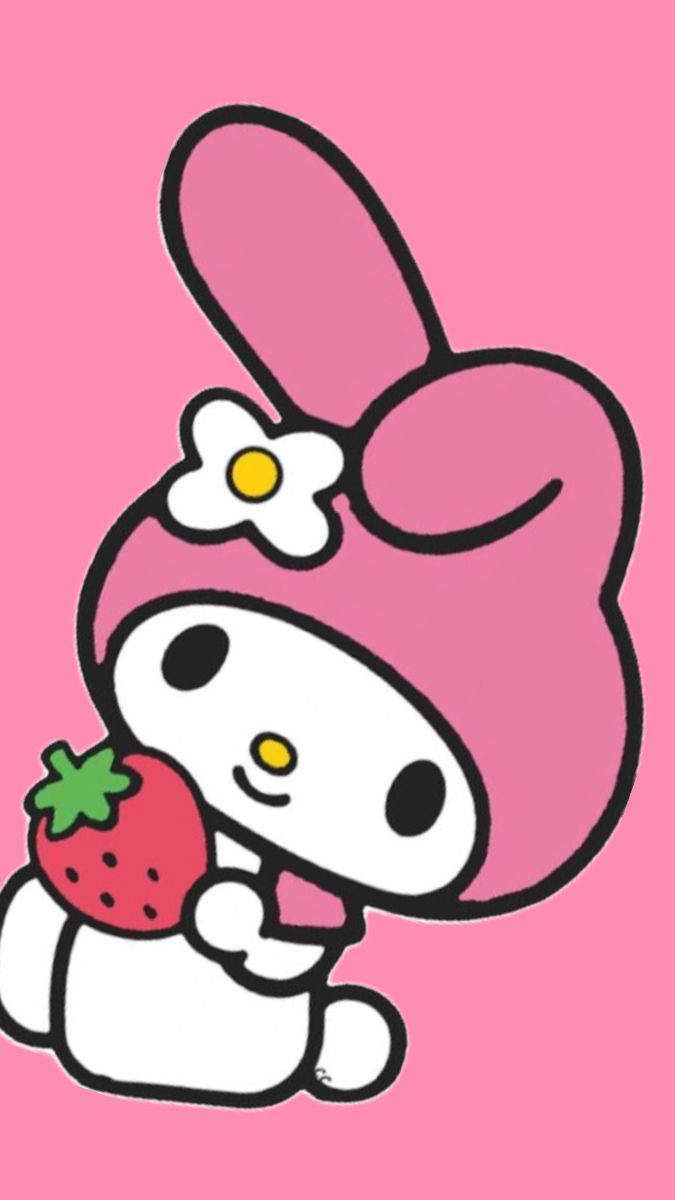 hello kitty holding a strawberry on a pink background with the word hello kitty written below it