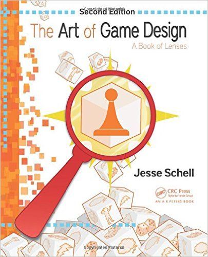 the book cover for the art of game design by jesse schell, with a magnifying glass over it