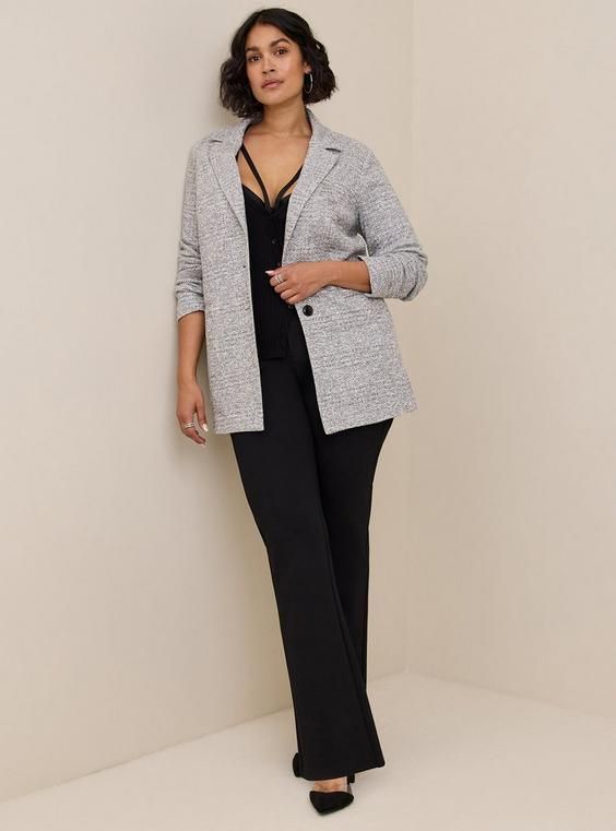 FIT Model is 5'9. 5” wearing size 0. Longline silhouette. Measures 34” from shoulder (size 2). . MATERIALS + CARE Studio Double Knit fabric: A textured bouclé fabric with the elevated look of business suiting but the feel of your favorite tracksuit. Perfect for year-round style. Stretch level: Medium. Wrinkle resistant. 52% cotton, 48% polyester. . Machine wash cold. Line dry. Imported. . DETAILS Two-button front. . Welt pockets. The best plus size women's studio double knit boyfriend blazer bla Best Blazer, Boyfriend Blazer, Classic Blazer, Knit Blazer, Long Blazer, Career Wear, Double Knit, Blazer Black, Linen Blazer